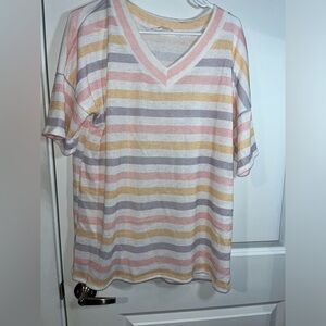 BomBom Pastel Stripped Knitted Spandex Polyester Short Sleeve Blouse Size XL